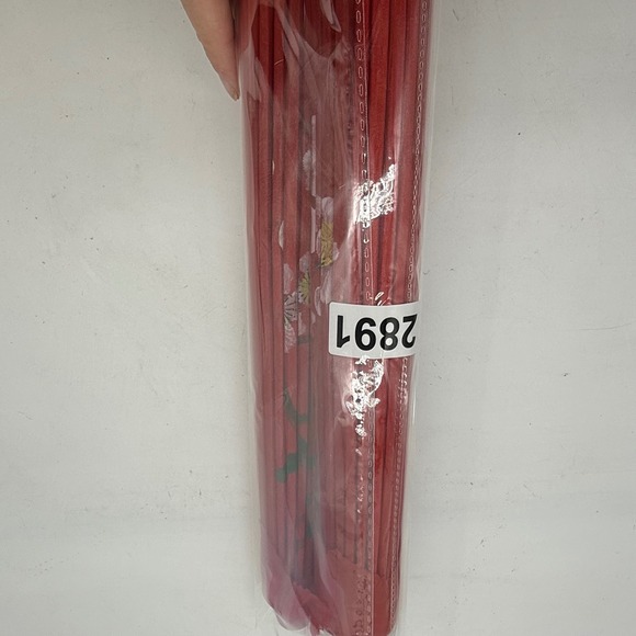 Red Asian Parasol Umbrella Cherry Blossom Bamboo Handle handprinted lot of 2 - Picture 9 of 9